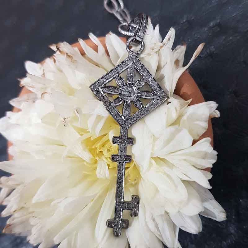 Fancy Designer Pave Diamond 925 Sterling Silver Key Pendant, Flower Key Necklace, Gift For Her, Him