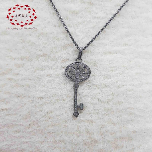 Key Pendant With Pave Diamond Layers, Flower Shape Key Necklace, Silver Jewelry