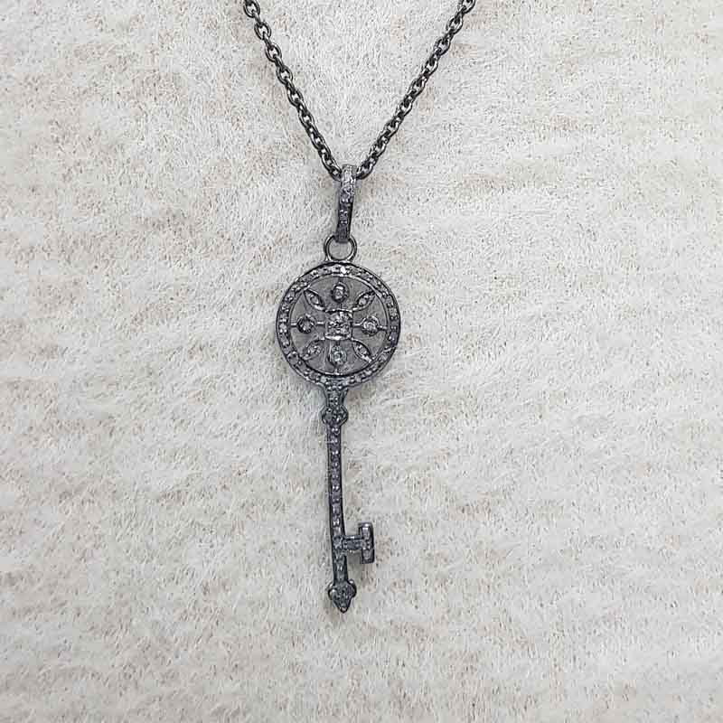 Key Pendant With Pave Diamond Layers, Flower Shape Key Necklace, Silver Jewelry