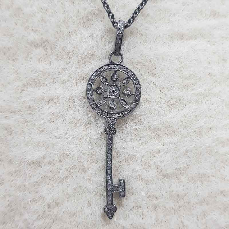 Key Pendant With Pave Diamond Layers, Flower Shape Key Necklace, Silver Jewelry