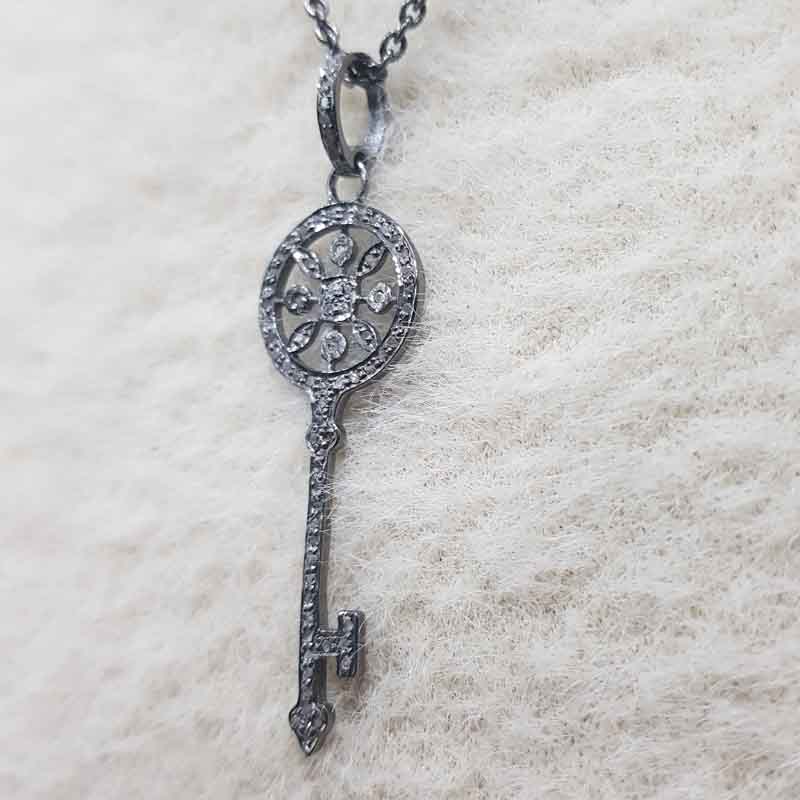 Key Pendant With Pave Diamond Layers, Flower Shape Key Necklace, Silver Jewelry