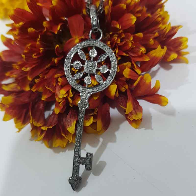 Key Pendant With Pave Diamond Layers, Flower Shape Key Necklace, Silver Jewelry