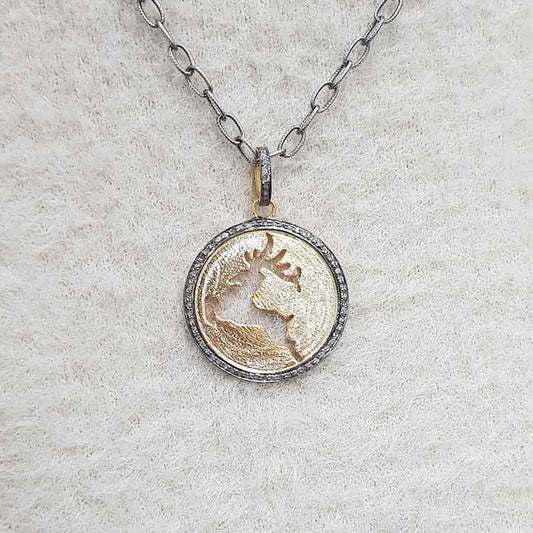 Handmade Designer Deer In Round Coin Jewelry Pendant, Silver Jewelry