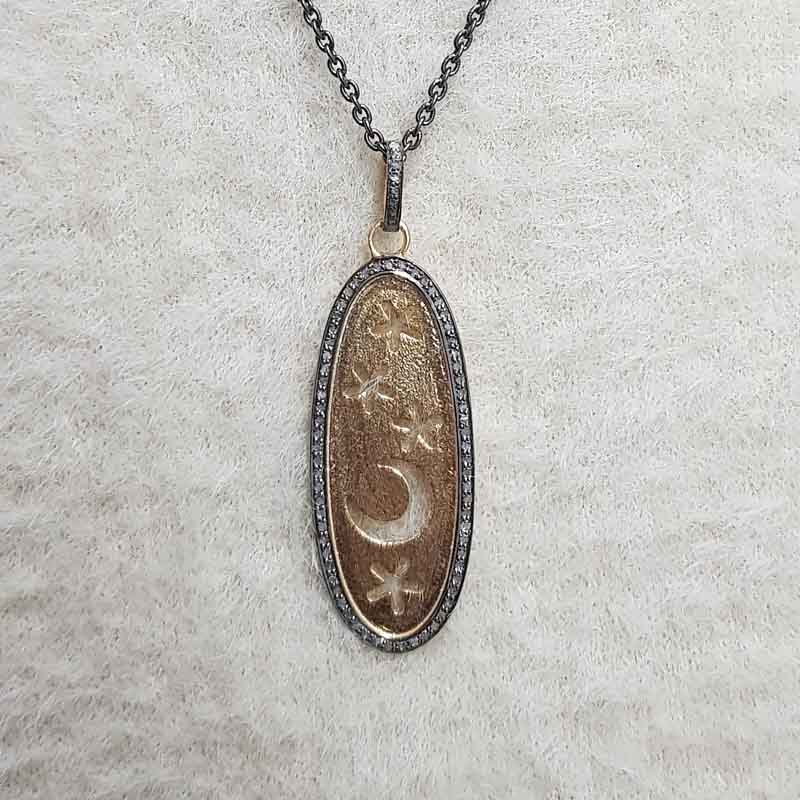 Oval Shaped Pave Diamond In Little Stars And Moon Pendant, Silver Jewelry, Gift For Girl, Birthday Gift