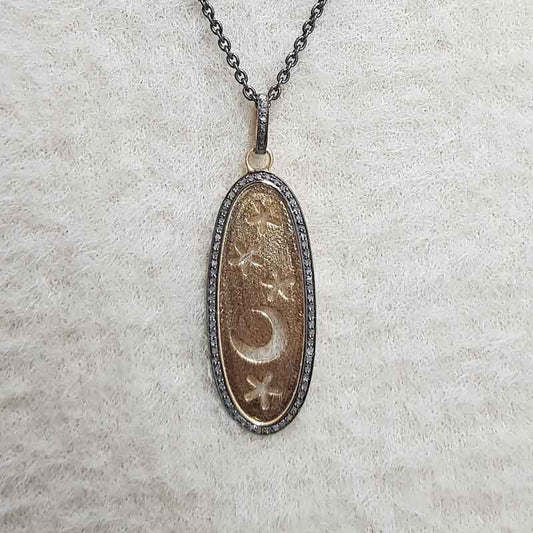 Oval Shaped Pave Diamond In Little Stars And Moon Pendant, Silver Jewelry, Gift For Girl, Birthday Gift