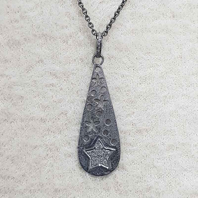 Stunning Oval Shaped With Pave Star Pendant, Stylish Oval Shape Necklace, Silver Jewelry