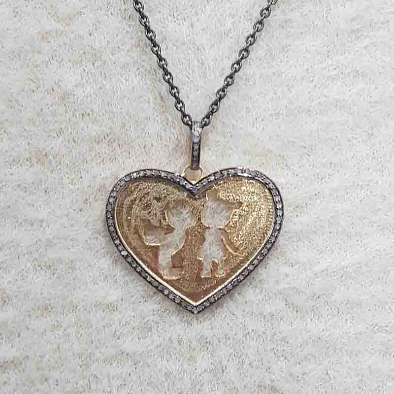 Couple In Heart Pendant With Pave Diamond layers, Anniversary Gift, Silver Jewelry