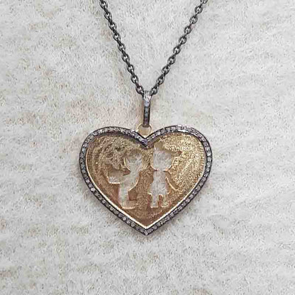 Couple In Heart Pendant With Pave Diamond layers, Anniversary Gift, Silver Jewelry