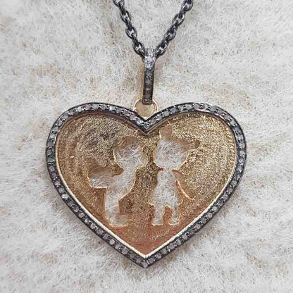 Couple In Heart Pendant With Pave Diamond layers, Anniversary Gift, Silver Jewelry