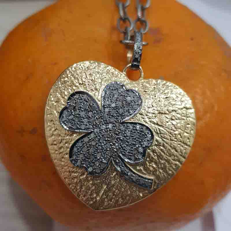 Beautiful Pave Diamond Flower In Yellow Glorious Heart Pendant, Unique Heart Necklace, Silver Jewelry