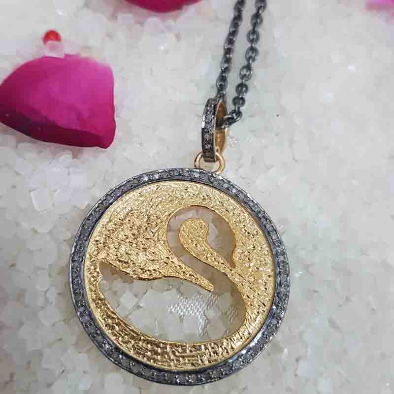 Unique Designer Swan In Round Disk Pendant, Stunning Fancy Round Necklace, Silver Jewelry