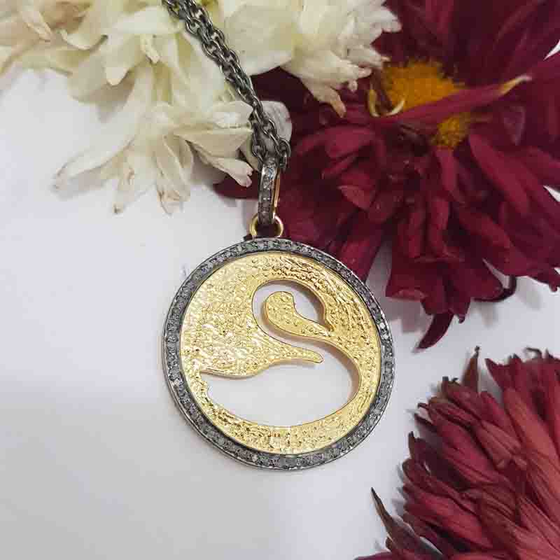 Unique Designer Swan In Round Disk Pendant, Stunning Fancy Round Necklace, Silver Jewelry