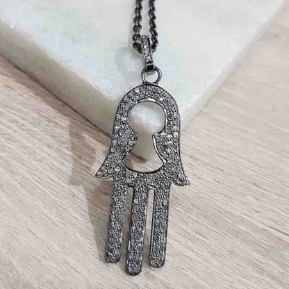 Natural Pave Diamond Hamsa hand Pendant, Stylish Hamsa Hand Necklace, Silver Jewelry