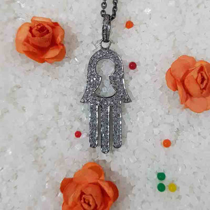 Natural Pave Diamond Hamsa hand Pendant, Stylish Hamsa Hand Necklace, Silver Jewelry