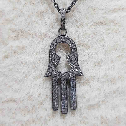 Natural Pave Diamond Hamsa hand Pendant, Stylish Hamsa Hand Necklace, Silver Jewelry