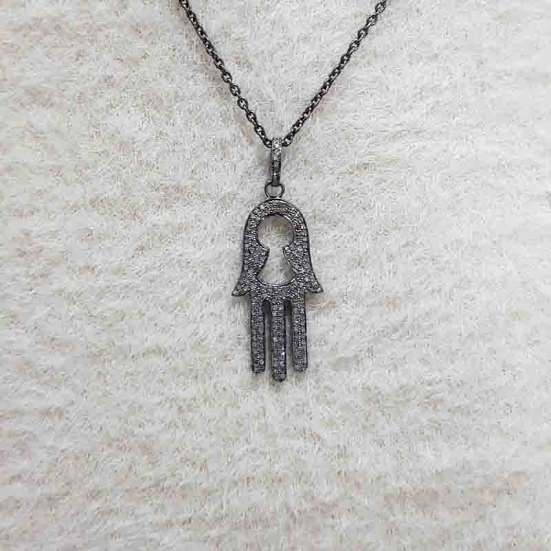 Natural Pave Diamond Hamsa hand Pendant, Stylish Hamsa Hand Necklace, Silver Jewelry