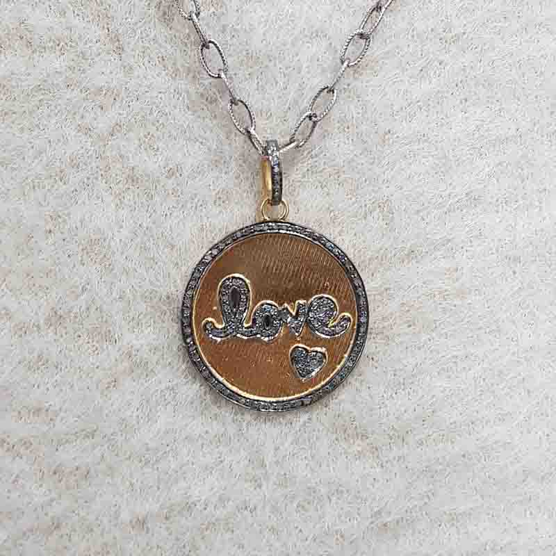 Round Designer Disk With Pave Diamond Love Pendant, Couple Love Round Necklace, Silver Jewelry