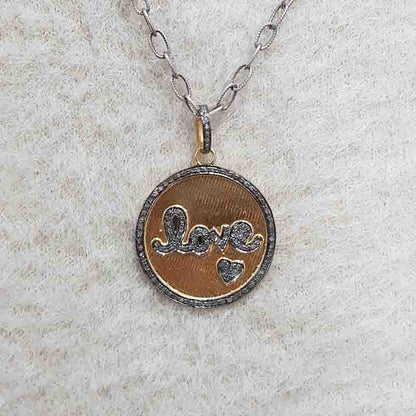 Round Designer Disk With Pave Diamond Love Pendant, Couple Love Round Necklace, Silver Jewelry