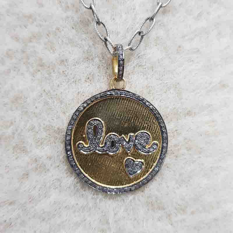 Round Designer Disk With Pave Diamond Love Pendant, Couple Love Round Necklace, Silver Jewelry