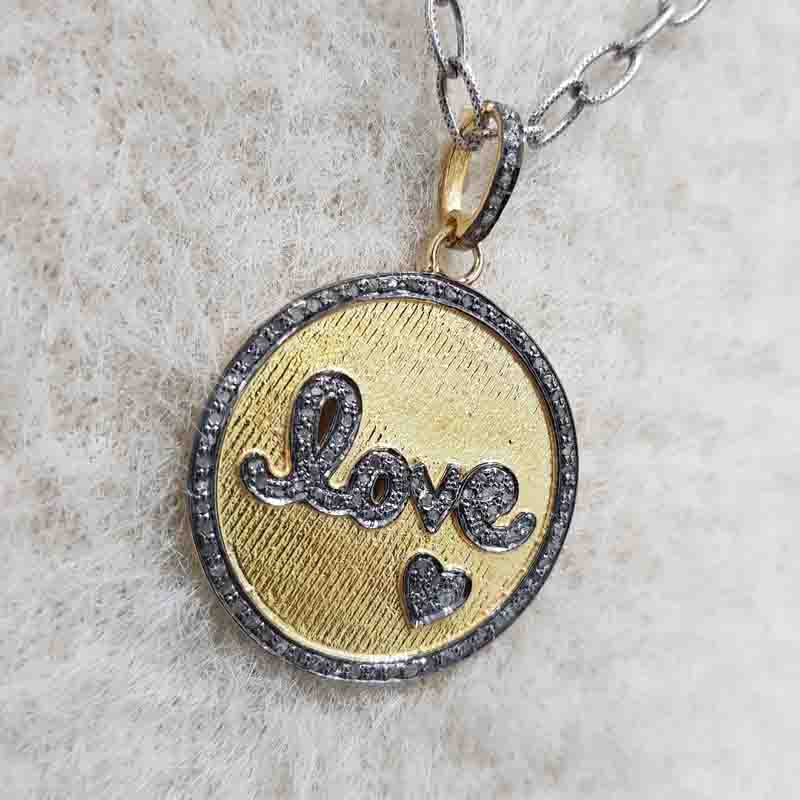 Round Designer Disk With Pave Diamond Love Pendant, Couple Love Round Necklace, Silver Jewelry