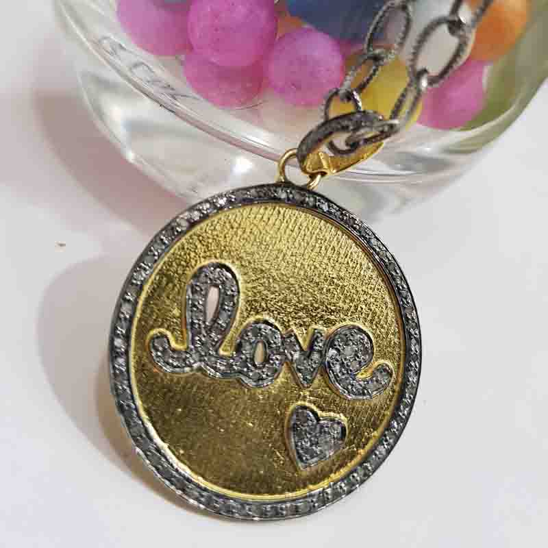 Round Designer Disk With Pave Diamond Love Pendant, Couple Love Round Necklace, Silver Jewelry