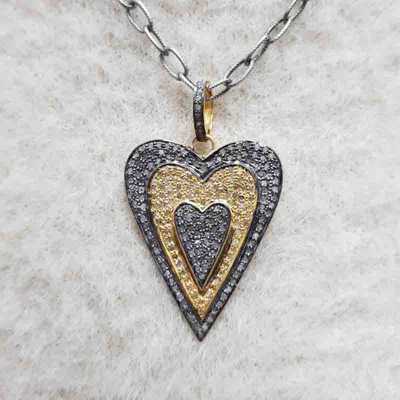 Two Tone Pave Diamond Fancy Heart Designed Pendant, Heart Necklace, Gift For Lovers, Wedding Gift