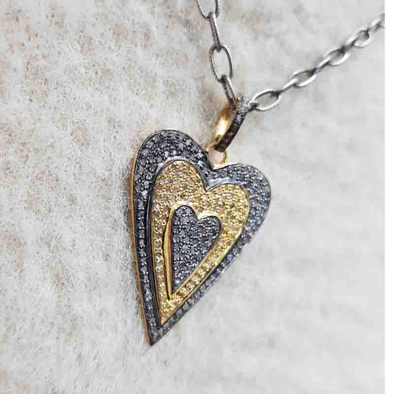 Two Tone Pave Diamond Fancy Heart Designed Pendant, Heart Necklace, Gift For Lovers, Wedding Gift