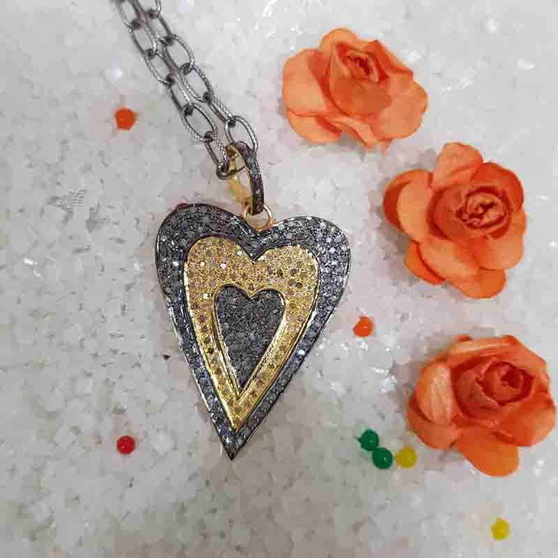 Two Tone Pave Diamond Fancy Heart Designed Pendant, Heart Necklace, Gift For Lovers, Wedding Gift