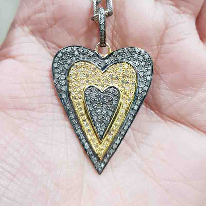 Two Tone Pave Diamond Fancy Heart Designed Pendant, Heart Necklace, Gift For Lovers, Wedding Gift