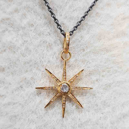 Yellow Beautiful Pave Diamond And Polki Layer Star Pendant, Star Necklace, Silver Jewelry