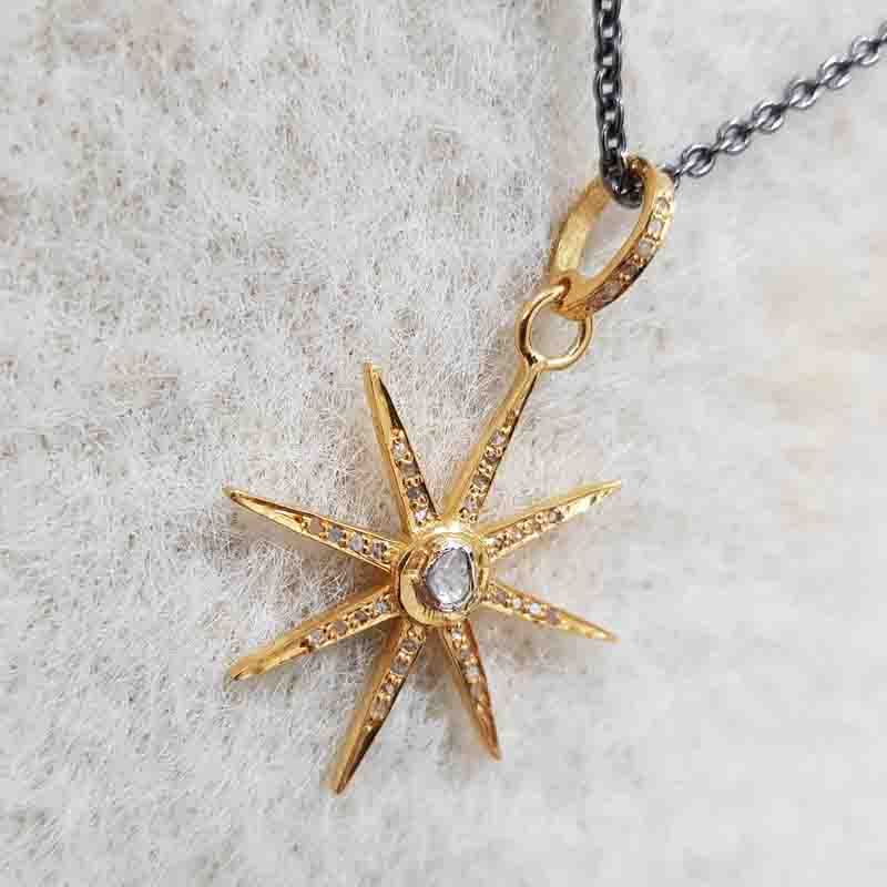 Yellow Beautiful Pave Diamond And Polki Layer Star Pendant, Star Necklace, Silver Jewelry