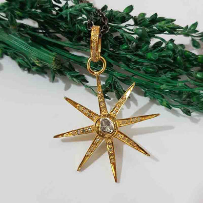 Yellow Beautiful Pave Diamond And Polki Layer Star Pendant, Star Necklace, Silver Jewelry