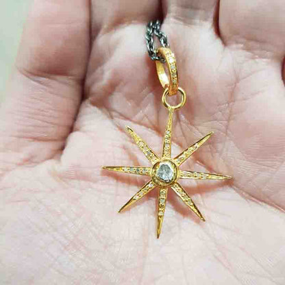 Yellow Beautiful Pave Diamond And Polki Layer Star Pendant, Star Necklace, Silver Jewelry