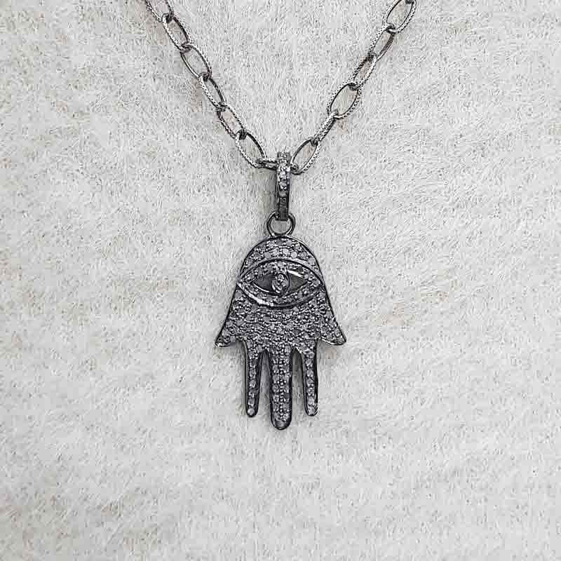 Hamsa Hand With Evil Eye Designer Pave Diamond Pendant, Hamsa hand Necklace, Silver Jewelry