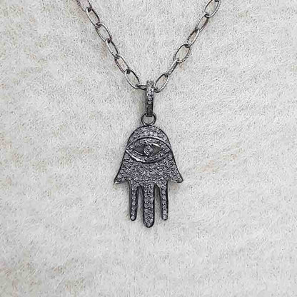 Hamsa Hand With Evil Eye Designer Pave Diamond Pendant, Hamsa hand Necklace, Silver Jewelry