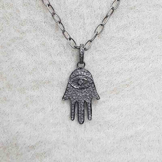 Hamsa Hand With Evil Eye Designer Pave Diamond Pendant, Hamsa hand Necklace, Silver Jewelry