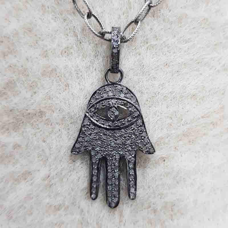 Hamsa Hand With Evil Eye Designer Pave Diamond Pendant, Hamsa hand Necklace, Silver Jewelry