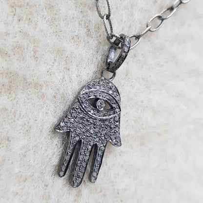 Hamsa Hand With Evil Eye Designer Pave Diamond Pendant, Hamsa hand Necklace, Silver Jewelry