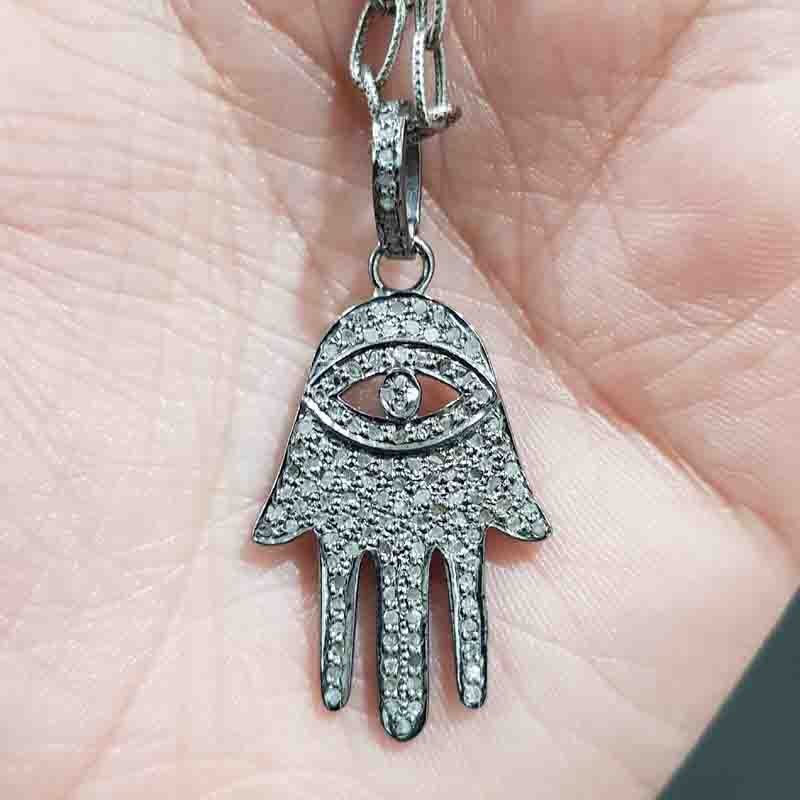 Hamsa Hand With Evil Eye Designer Pave Diamond Pendant, Hamsa hand Necklace, Silver Jewelry