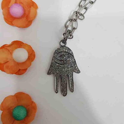 Hamsa Hand With Evil Eye Designer Pave Diamond Pendant, Hamsa hand Necklace, Silver Jewelry