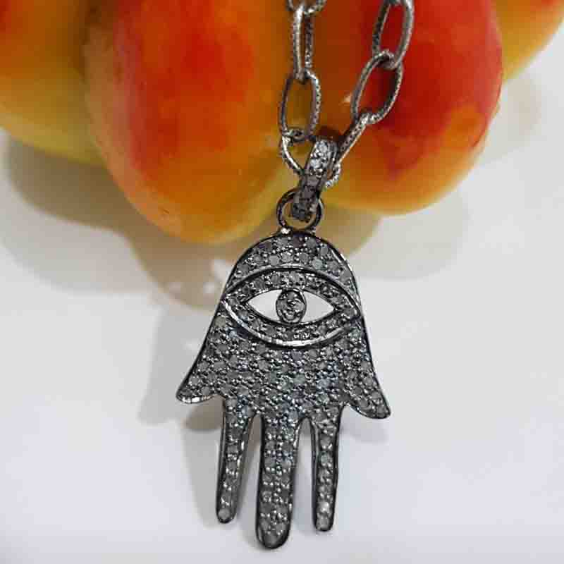 Hamsa Hand With Evil Eye Designer Pave Diamond Pendant, Hamsa hand Necklace, Silver Jewelry