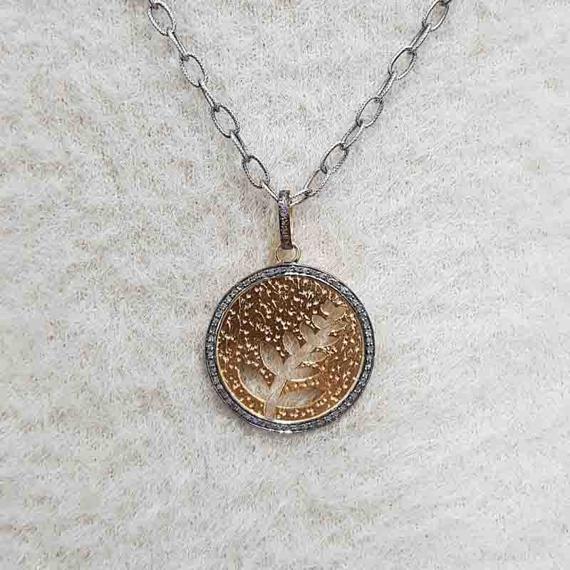 Charming Circle With Beautiful Leaf Pendant, Round Necklace, Silver jewelry