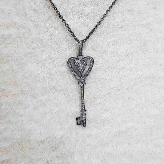 Heart Designer Pave diamond Key Pendant, Heart Style Key Necklace, Silver Jewelry