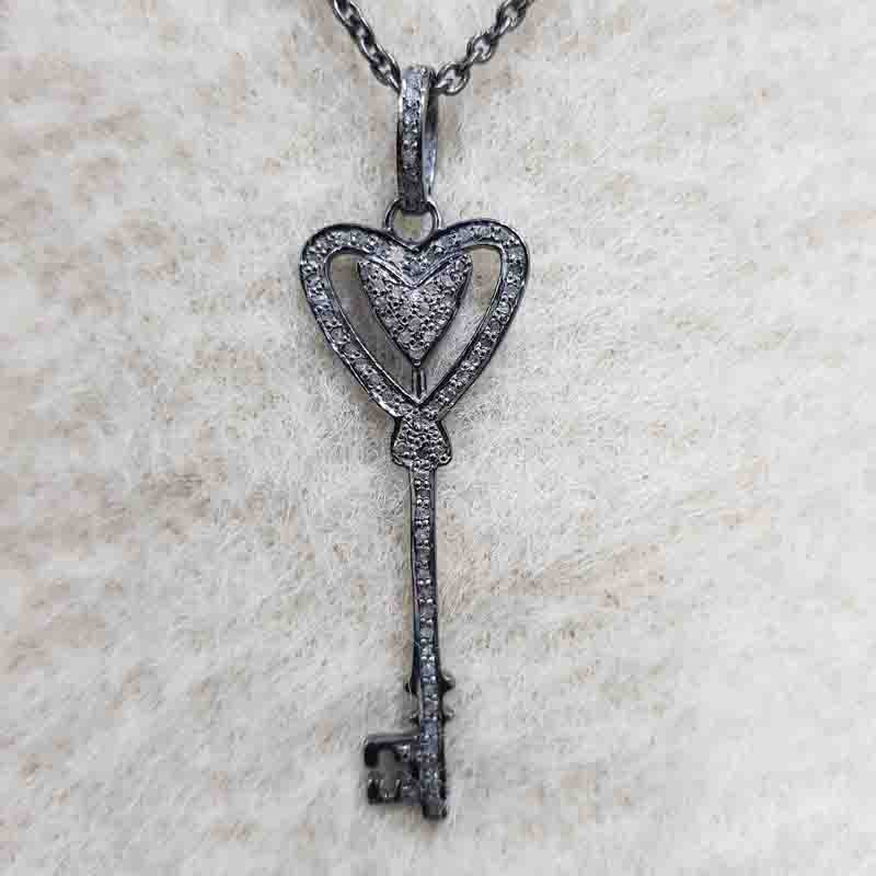 Heart Designer Pave diamond Key Pendant, Heart Style Key Necklace, Silver Jewelry