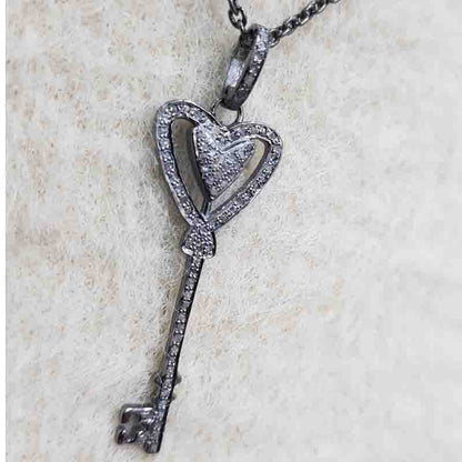 Heart Designer Pave diamond Key Pendant, Heart Style Key Necklace, Silver Jewelry