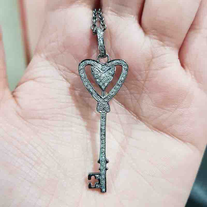 Heart Designer Pave diamond Key Pendant, Heart Style Key Necklace, Silver Jewelry