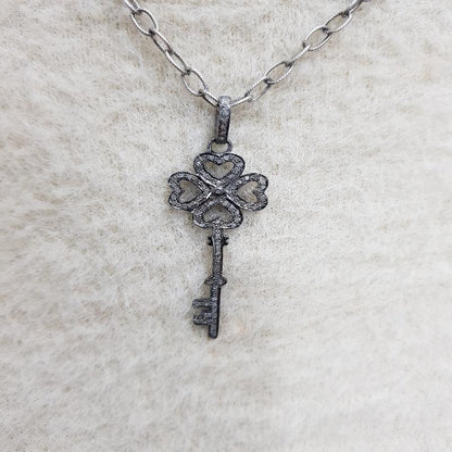 Flower Style Pave Diamond Key Pendant, key Necklace, Silver jewelry