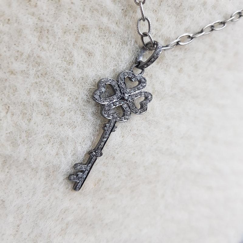 Flower Style Pave Diamond Key Pendant, key Necklace, Silver jewelry