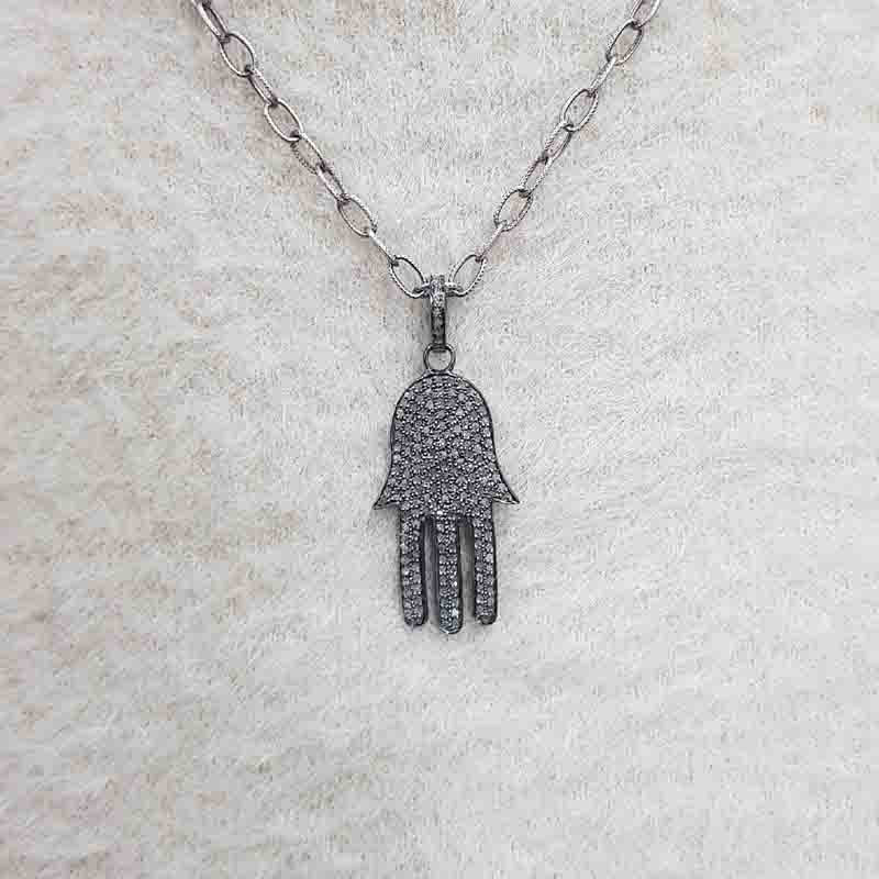 Fully Pave Diamond Setting Hamsa Hand Pendant, Silver Jewelry, Gift For Love