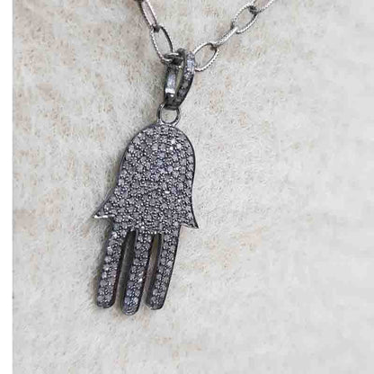 Fully Pave Diamond Setting Hamsa Hand Pendant, Silver Jewelry, Gift For Love